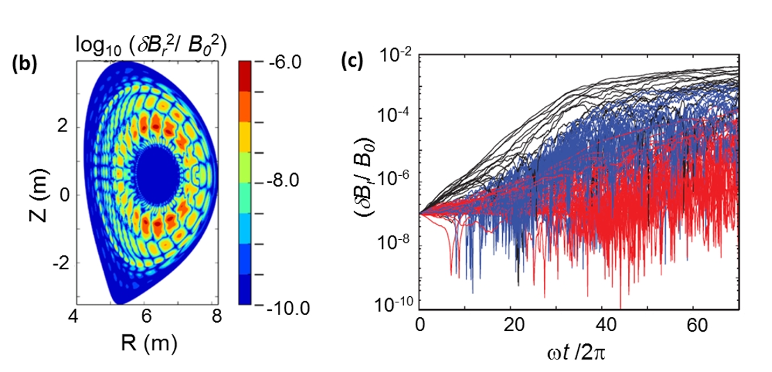 (b) projection of multiple mode $B_r$ wave field of a TAE, (c) nonlinear evolution of 88 coupled TAE modes for an isotropic, static plasma as a function of wave periods $\omega{t}/2\pi$. A graph