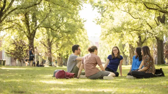 A group of people sitting on the grass